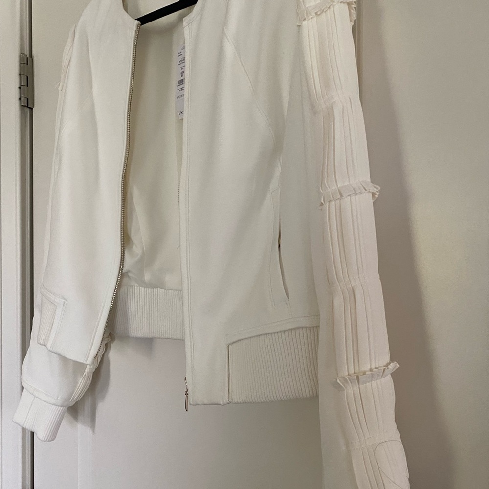 White House Black Market Cream Bomber Jacket with Sleeve Ruching - Picture 2 of 4